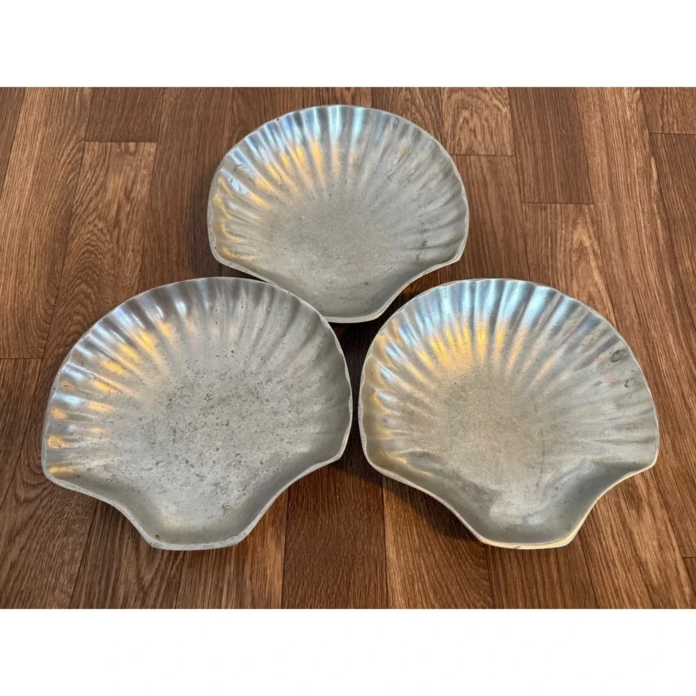 Vintage Cast Aluminum Shell Bowls Set of 3 Scallop Shell Catchall Silver Coastal